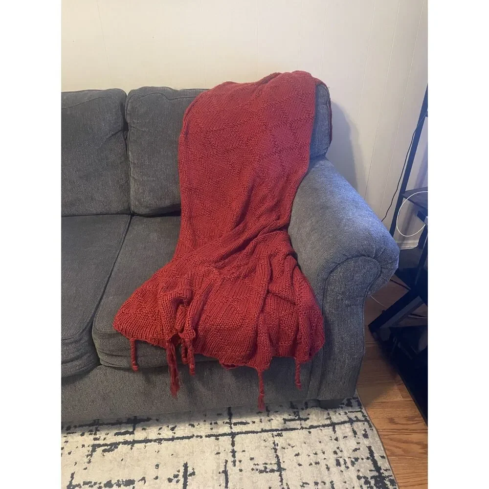 Pottery Barn Terracotta Diamond Knit Throw Blanket 50x60 Tassel Fringe Cozy